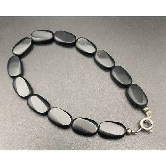 Unbranded Jewelry - Vtg Black Onyx Bracelet Flat Bevel Bead Tests Sterling Silver Spring Ring 7.5 in